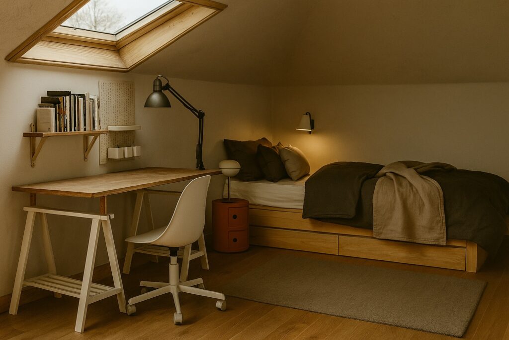 Chambre sous combles aménagée avec lit et bureau pour séduire en location
